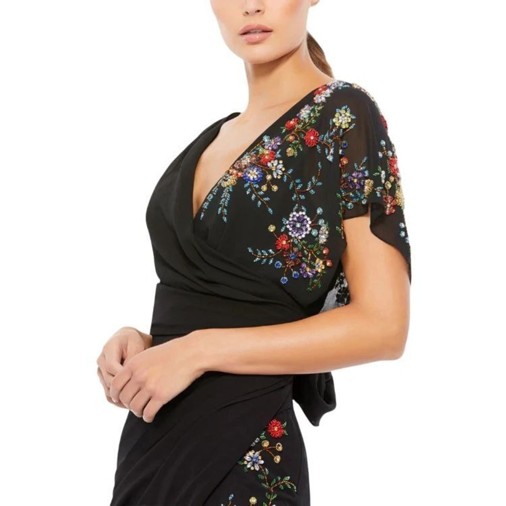 NWT‎ Mac Duggal Black Faux Wrap Multi Colored Beaded Floral Gown $798 - Size 2 - Picture 5 of 15